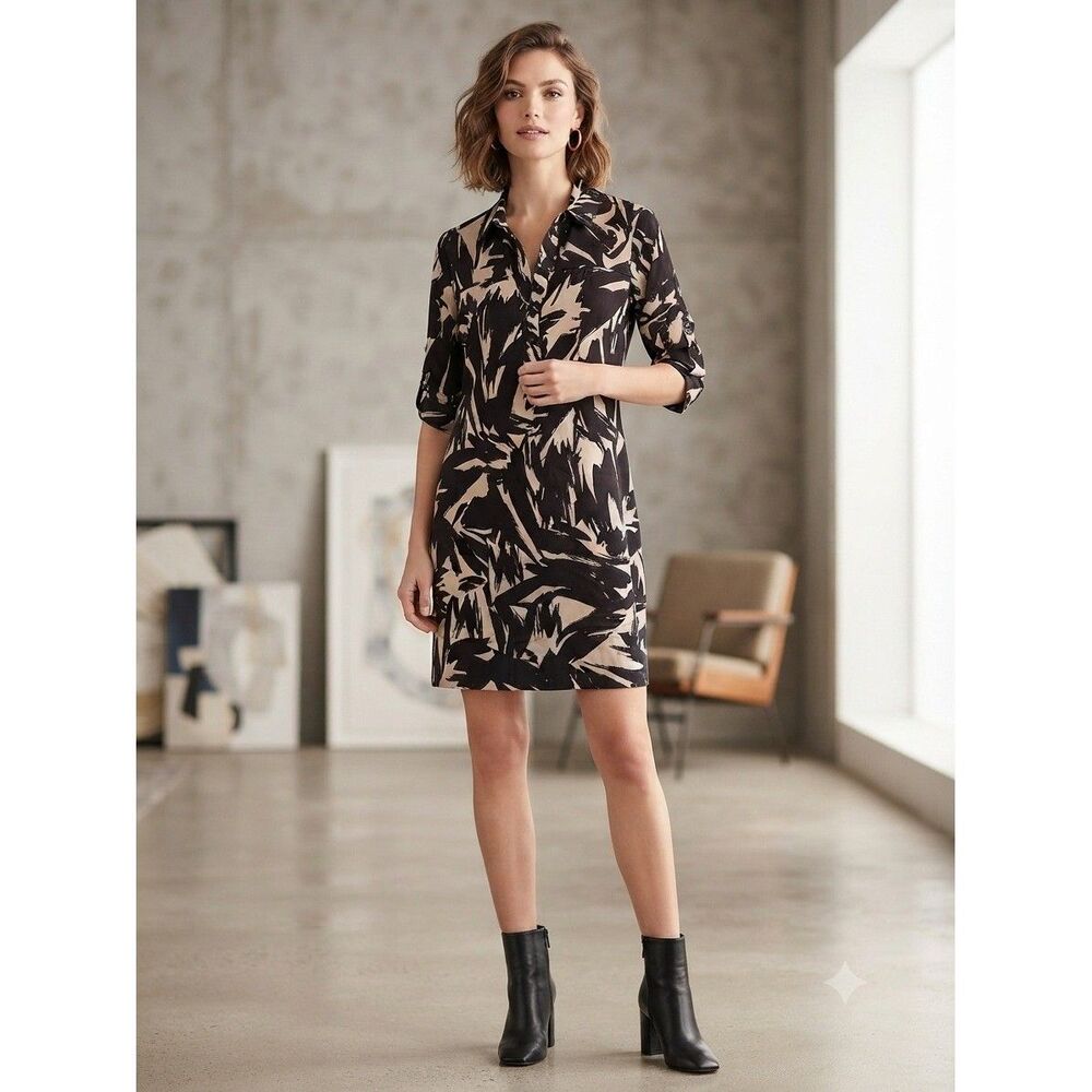 Diane von Furstenberg Dress Women 6 Black Cream Silk Blend Abstract Shirt Dress